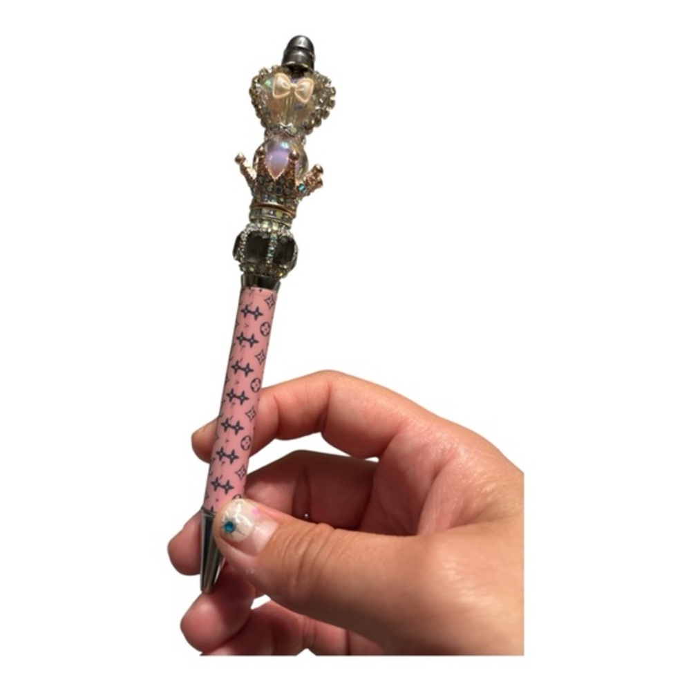 Custom Pink and Black Star Patterned Pen with Decorative Top
